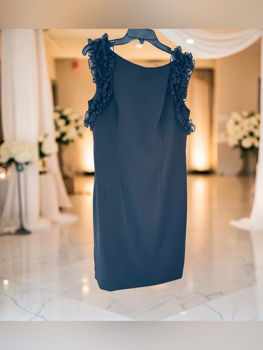 Carmen Marc Valvo Black Ruffle-Shoulder Midi Dress